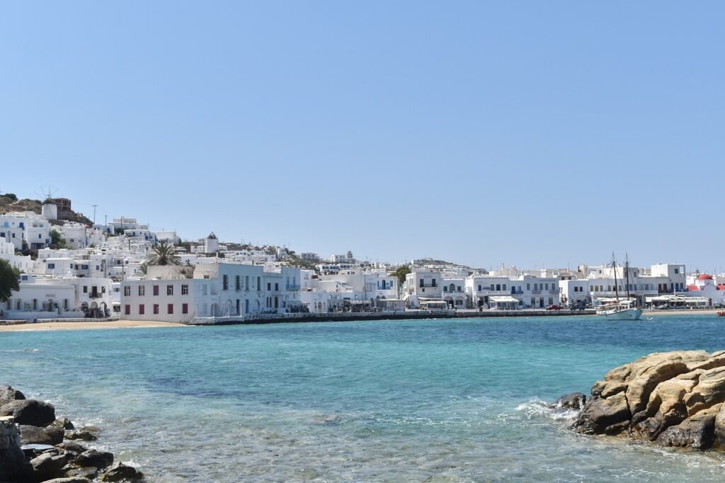 Mykonos Town: A beautiful view of Mykonos Town, highlighting white-washed buildings and blue accents.